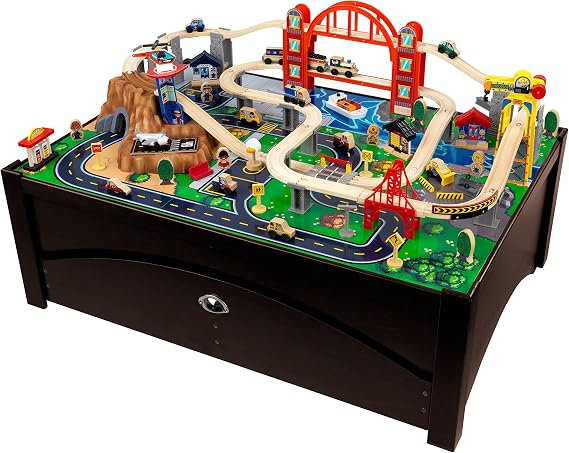 KidKraft Metropolis Wooden Train Set & Table with 100 Pieces and Storage Drawer - Espresso