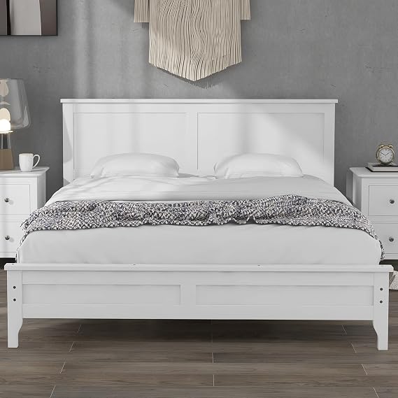King Size Platform Bed, Modern Solid Wood King Platform Bed Frame, No Box Spring Needed, White
