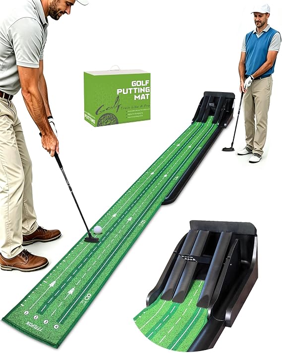 Putting Green Indoor - Practice Uphill Putts, Golf Putting Mat with Auto Ball Return, Golf Training Aid for Home, Office, Backyard, Party Game, Great Gifts for Men Dad