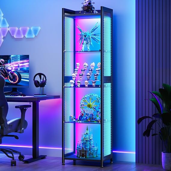 Coleshome Corner Display Cabinets with LED Lights, 40x28x160cm, Black