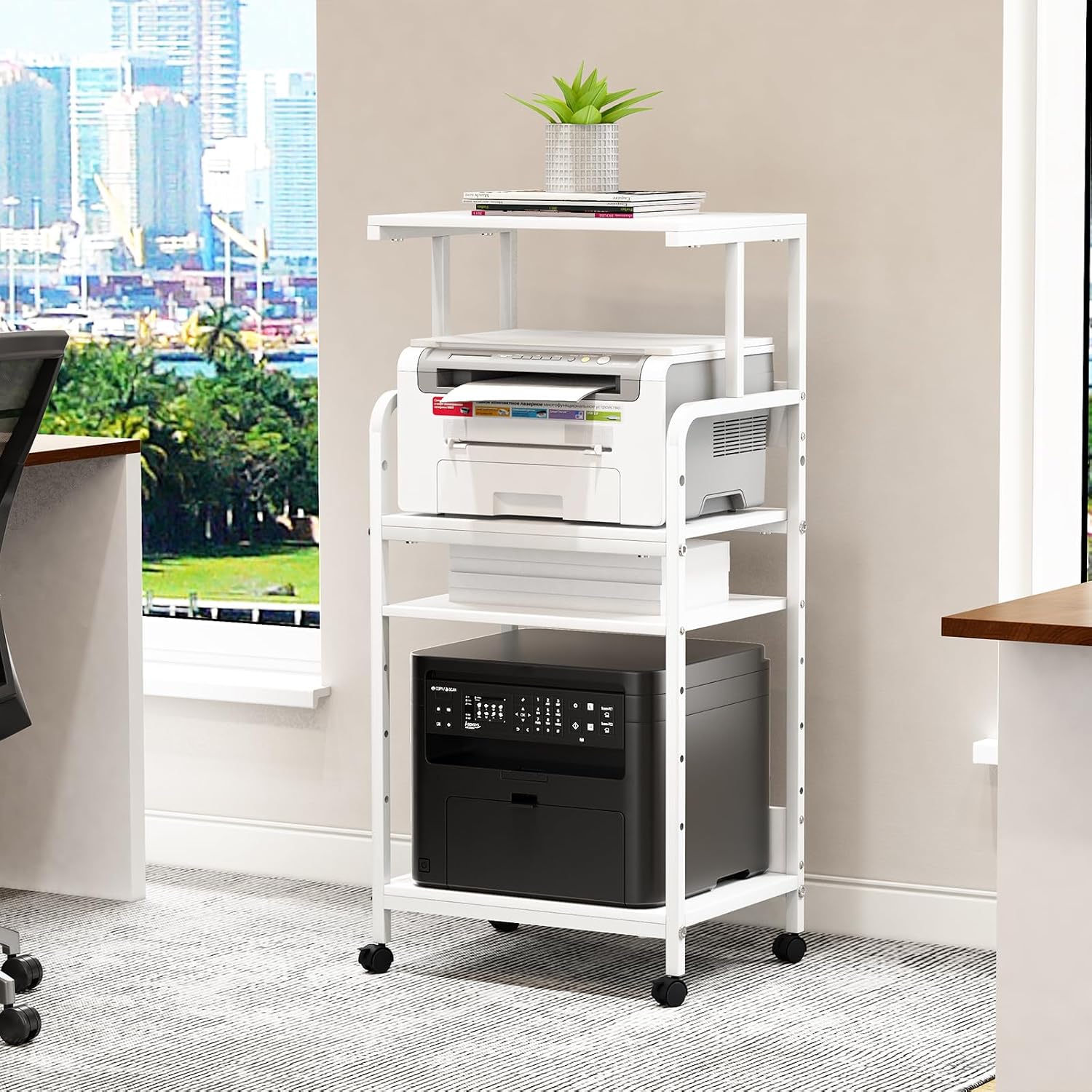 4-Tier Printer Stand, Large Printer Table on Wheels, Movable Printer Stand with Storage, Rolling Printer Cart for Fax Scanner Files Media Player, Multifunctional Trolley for Office Home Kitchen, White