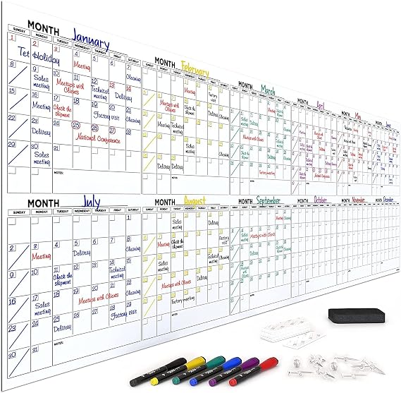 Extra Large 100"x36" Dry Erase Monthly Planner 12-Month Whiteboard Calendar Includes 6 white Board Markers Eraser Push Pins & Mounting Tape