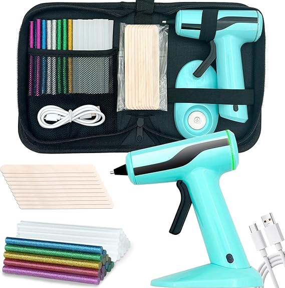 Cordless Hot Glue Gun, Rechargeable Hot Melt Glue Gun 2.2A Built-in Battery | Smart Power-Off, Mini Glue Gun Kit with 30pcs Premium Glue Sticks, 10pcs Wood Craft Sticks, Case for DIY, Arts &Crafts