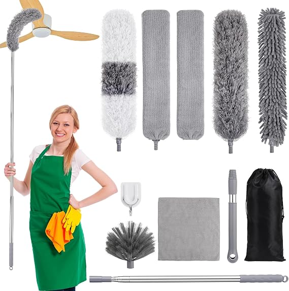 wlich 11 Pcs Feather Duster with Extension Pole, 15-84In Grey Cleaning Kit