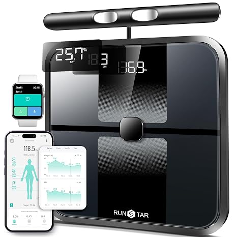 RunStar Smart Scale for Body Weight, Full-Body Bathroom Scale with 8 Electrodes for BMI, Muscle Mass, 3-Metric Display, High-Accuracy Body Composition Monitor with 28 Metrics & App Connectivity Black