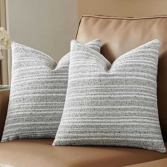 AmHoo Pack of 2 Textured Boucle Throw Pillow Covers Accent Striped Cozy Soft Decorative Couch Cushion Case for Chair Sofa Bedroom Living Room Home Decor 18 x 18-Inch Cream White