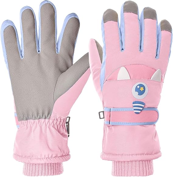 Touchscreen Ski Gloves for Kids, Waterproof Winter Gloves with Grip, Monster Design, Anti-Loss Clip for Boys and Girls, Winter Gloves for Snowboarding, Blue