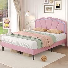 Merax Double Bed Frame, 4ft6 Double Upholstered Bed with LED-Lighting, Velvet Bed Frame with Adjustable Shell Shape Headboard, Solid Wood Slat, Pink/135x190cm (No Mattress)
