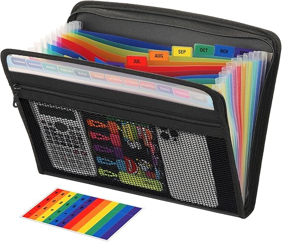 Zippered A4 Paper File Document Organiser, Expanding File Folder Organiser Filing Folder, Accordian File Folder for Paperwork Letter Receipt Bills Storage, 13 Colored Pockets, Black