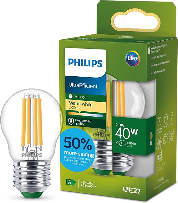 Philips Classic ultra-efficient LED bulb with energy efficiency class A, E27 base, replaces 40W, clear, warm white light, teardrop shape
