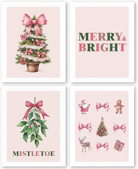 QLMX コケット ピンク クリスマス ウォールアートプリント 4枚セット ピンク クリスマス ウォールデコ プレッピー クリスマス ツリー プリント ウォールデコ ピンク グリーン クリスマス リボン ポスター プリント ティーン ガールズ ルーム 20.3 cmx25.4 cm フレームなし