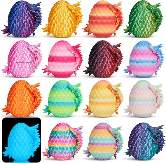 TBOLINE 16 Pack 3D Printed Dragon Egg, Cool Articulated Crystal Dragon Goodie Bags Stuffers Toys for Kids, Surprise Animals Treasure Box Classroom Prizes Bulk Party Favors Cool Stuff for Kids Boys