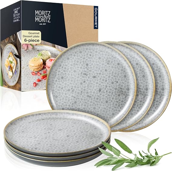 Moritz &amp; Moritz Terra 6-piece Dessert Plate Set - Ø 20.5 cm - in Decent Grey Porcelain - Small Plate Set as Dessert or Cake Plates