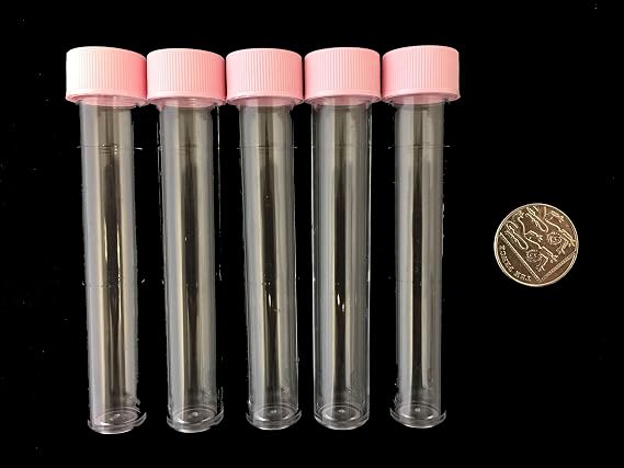 10ml Plastic Test Tubes vials Sample containers Powder Craft with Pink Screw caps (100)