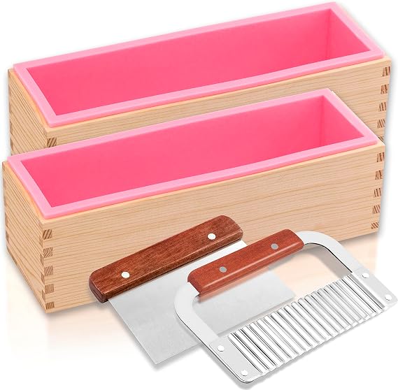 Lerykin 2 pcs Rectangular Soap Molds Kit with Cutters - 42oz Flexible Silicone Loaf Soap Mold with Wooden Box, Stainless Steel Wavy & Straight Scraper for Homemade Craft Soap Making Supplies