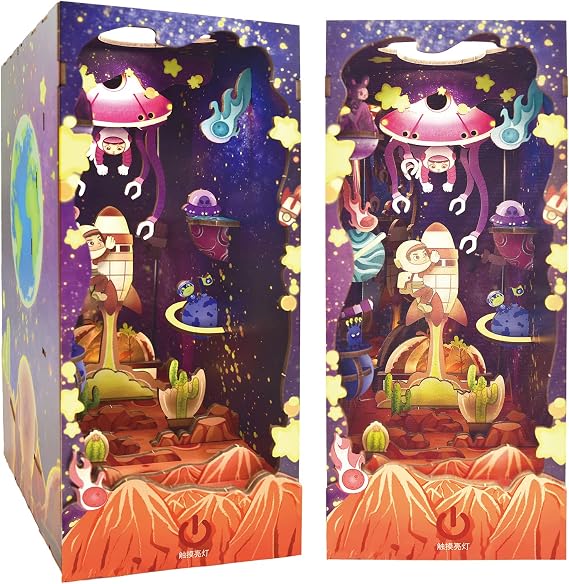 Spilay DIY Dollhouse Miniature Book Nook Assemble Kit,3D Wooden Puzzle Bookshelf Insert Decor with Sensor Light,Bookends Model Build-Creativity Kit for Adults Gift (SQ02)