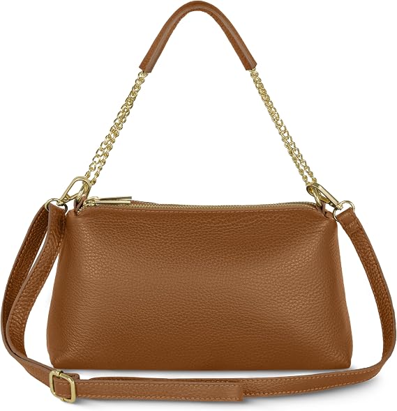 Italian Calf Leather Crossbody Handbag for Women with 2 Zippered Compartments | Everyday Shoulder Purse with Strap (Brown)