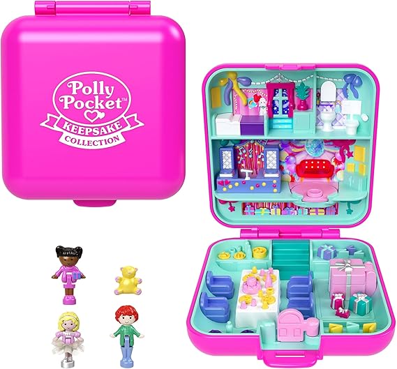 Polly Pocket Mattel 80. Yıl Dönümüne Özel Nostaljik Kompakt Oyun Seti, biri etek giyen 3 bebek, 1 evcil hayvan ve kutlama temalı mobilyalarla kompakt ev, JGK22