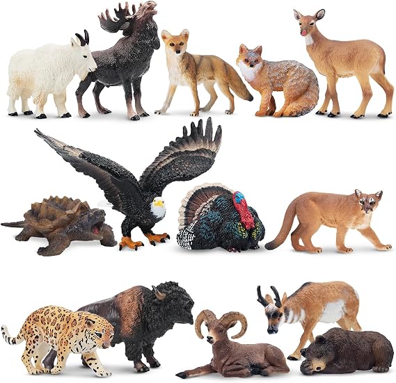 Toymany 14PCS Mini North American Forest Animals Figurines, Realistic Jungle Animal Toys Includes Elk Pronghorn Leopard Gey Fox for Kids Adults Toddlers