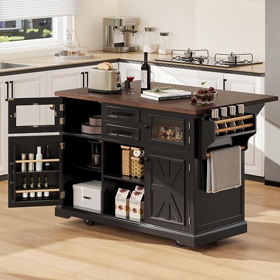 54.8" Kitchen Island with Drop Leaf, Power Outlet, Kitchen Storage Cart with 4 Door Shelves, Cross Barn Doors & Visual Glass Door, Rolling Kitchen Island on 4 Wheels for Kitchen, Dining Room (Black)