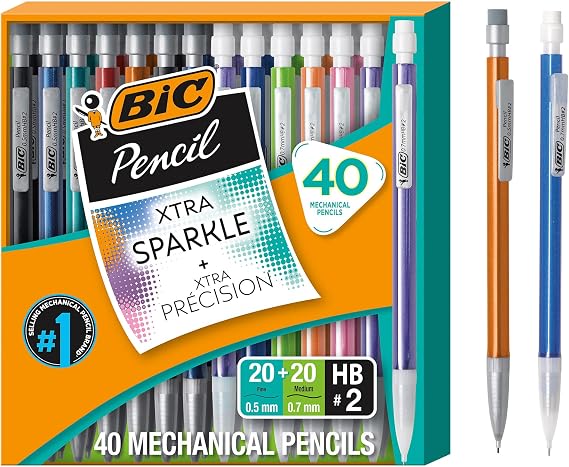 BIC Mechanical Pencil #2 EXTRA SMOOTH, Variety Bulk Pack Of 40, 20 0.5mm With 20 0.7mm Led Pencils, Assorted Colored Barrels, for professional Office & School Use.