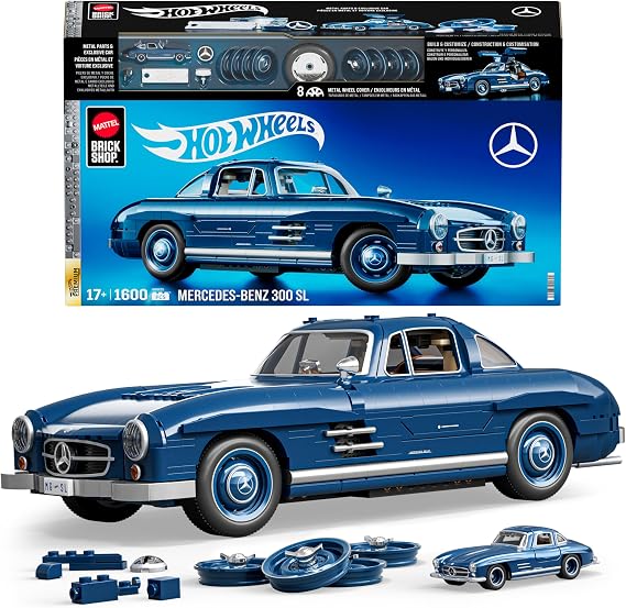 Mattel MEGA Hot Wheels koleksiyona uygun yarış arabası yapı oyuncağı, 1500 parçalı, metal, 1:12 ölçekli, gri renkli Mercedes-Benz 300 SL modeli, HWW25
