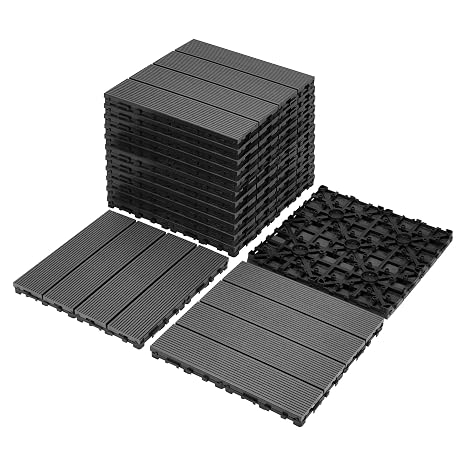 9PCS Heavy-Duty WPC Interlocking Patio Deck Tiles, 11.8 x 11.8in Waterproof Indoor Outdoor Flooring, Garden Balcony Floor Covering, Backyard Flooring, Poolside, All Weather, Dark Grey