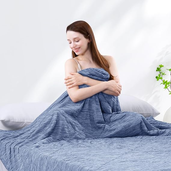 Marchpower Blue Cooling Blanket for Hot Sleepers, Breathable & Cool for All-Night Comfort,Moisture - Wicking, Fast - Drying,Lightweight Moire Comforter,Silky Soft Summer Cooling Quilt