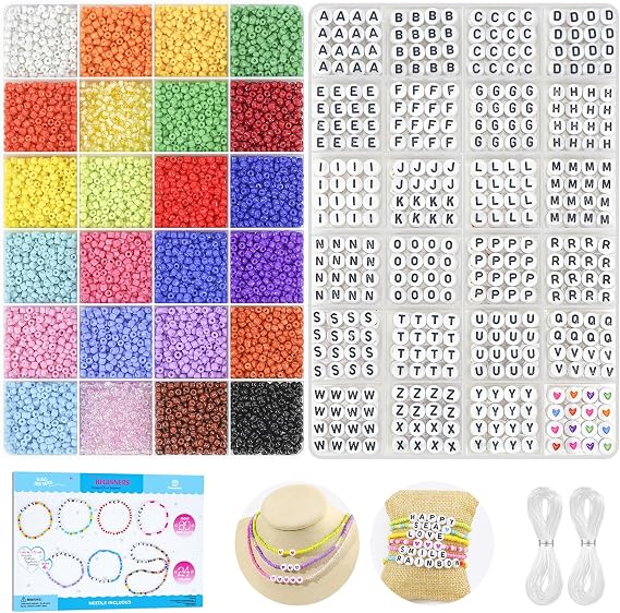 Dowsabel 24 Colors Friendship Bracelet Kit, 10000 Pcs 3mm Glass Seed Beads for Bracelets Making Kit with Letter Alphabet Beads A-Z, 8/0 Craft Bead for Jewelry Making with Needle Cord