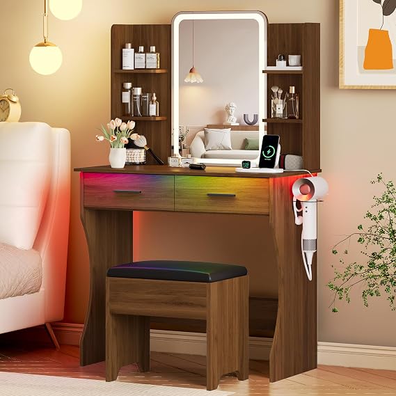 Vanity Desk with LED Lights Mirror & Power Outlet, Small Makeup Vanity Table Set with Storage Drawers & Chair, 3 Lighting Modes & Adjustable Brightness, Dressing Table for Women Girls Bedroom, Walnut