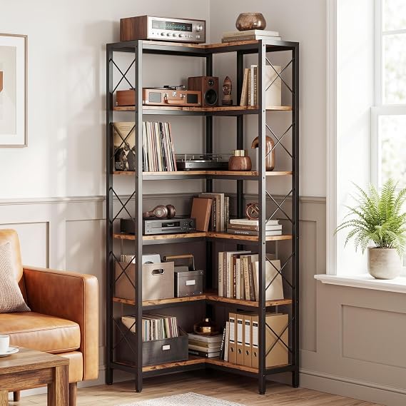 IRONCK 6-Tier L-Shaped Corner Bookshelf with Adjustable Feet, Rustic Brown