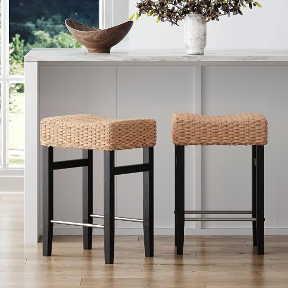 Nathan James Harvey Rattan Bar Stool, Bohemian Counter Height Stool with Woven Seagrass Seat, Solid Wood Legs, and Metal Footrest Seagrass/Brushed Black