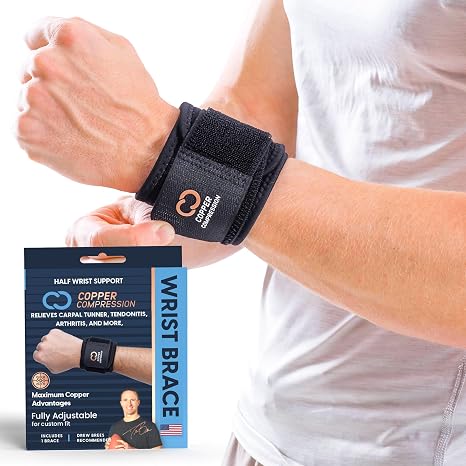 Copper Compression Wrist Wraps (2 Pack) Adjustable Copper Infused Wrist Support for Weightlifting, Workouts, Injury Recovery, Carpal Tunnel, Tendonitis, and Pain Relief Breathable and Comfortable Straps