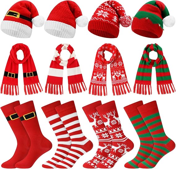 Liitrsh 12 Pcs Christmas Scarves Santa Hats and Socks Set