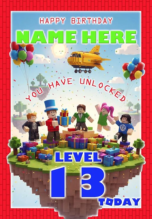 Roblox Birthday Card - Age 13 – Personalised Option with ANY NAME, AGE or RELATION - POSTED SAME DAY - FULL COLOUR INSIDE!