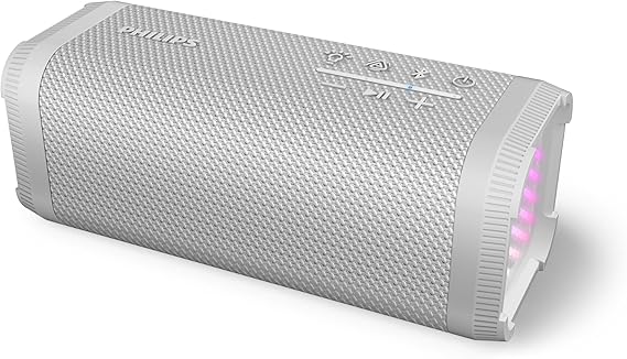 PHILIPS TAS2000WT Bluetooth Wireless Speaker with LED Lightshow, 20 W Bass+, Auracast, 20 Hrs Play Time, IPX5 Splash-Proof, USB Playback, Mic, App Control – White