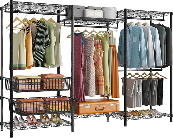 VIPEK V10 Wire Garment Rack 5 Tiers Heavy Duty Clothes Rack with 4 Hanging Rods, 6 Wire Shelves & 2 Slid Storage Baskets, Large Size Clothing Rack 85.4" W x 15.7" D x 76.4" H, Max Load 800 LBS, Black