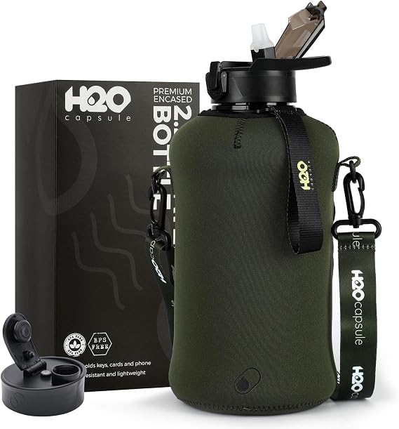 H2O Capsule 2.2L Half Gallon Water Bottle with Storage Sleeve and Covered Straw Lid BPA Free Large Reusable Drink Container with Handle - Big Sports Jug, 2.2 Liter (74 Ounce)