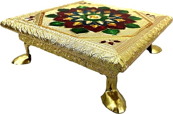 ZIG ZAG Wooden Minakari Large Pooja Chowki | Decorative Wooden Bajot | Flower Choki for Pooja at Home, Wedding, Festivals & Gifts, Big Size 12 Inch Golden