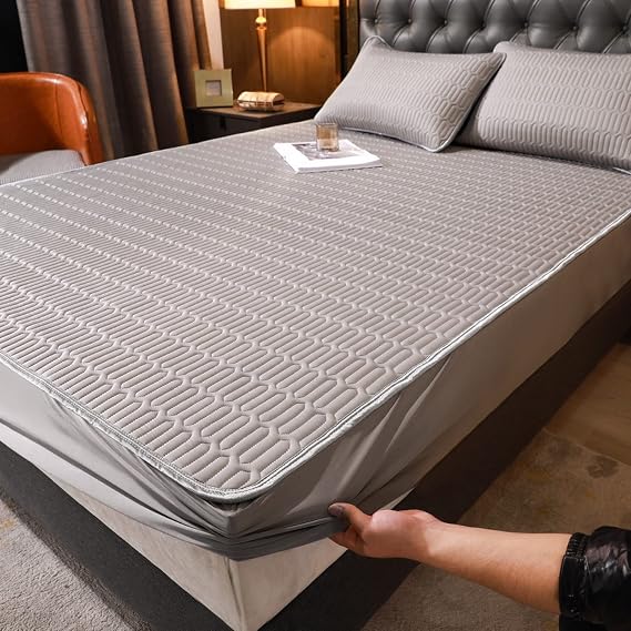 FCLDESHOP Bedding Fitted Sheets,Summer Latex Ice Silk Fitted Sheet, Solid Color Non-Slip Mattress Topper Fits 12"/30cm Deep Mattresses,Grey,150 * 200cm (3pcs)