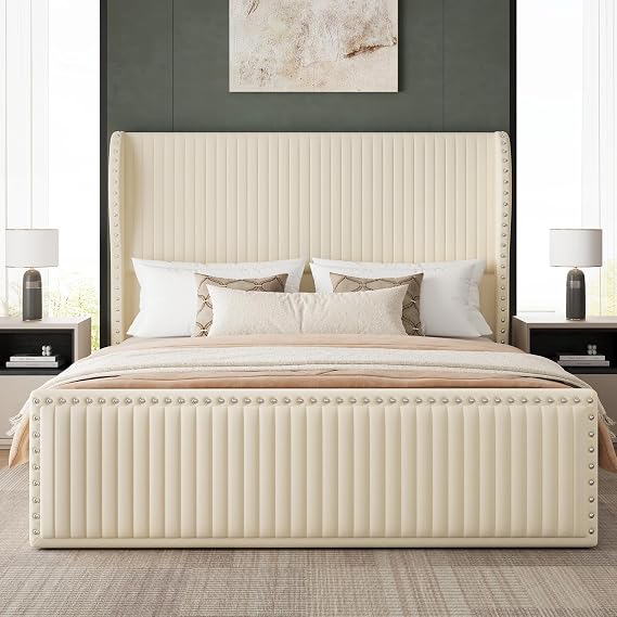 Belffin Queen Size Bed Frame with 55" Headboard Nailhead Trim Design, White