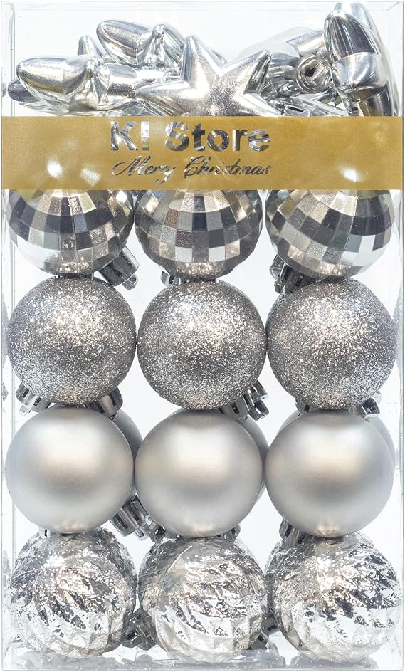 KI Store Silver Christmas Balls 34pcs 1.57-Inch Small Christmas Tree Decoration Ornaments for Xmas Tree Holiday Wreath Garland Decor Ornaments Hooks Included