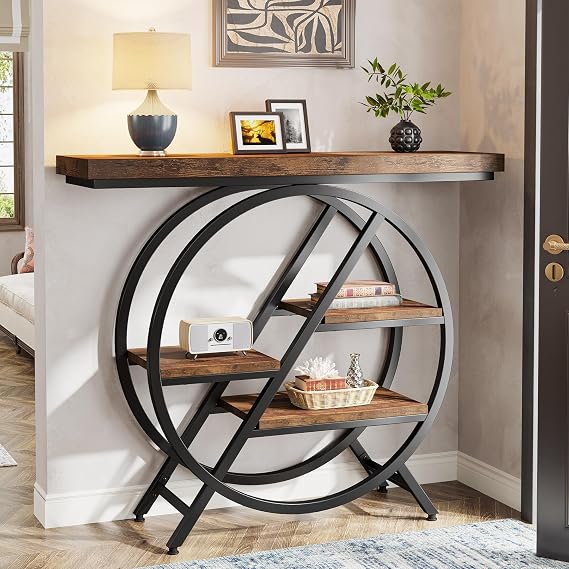 Tribesigns Console Table, 39.4-Inch Entryway Table with Thickened Tabletop, 4- Tier Industrial Narrow Hallway Sofa Table with Geometric Metal Frame for Living Room, Entryway (Rustic Brown)