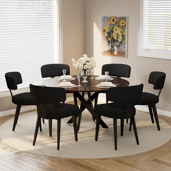 Wood Dining Table Set for 6, 47" Round Kitchen Table with 6 Boucle Dining Chairs, MDF Tabletop with Metal Legs, Ergonomic Dining Chair with Metal Legs(Woodgrain Table)