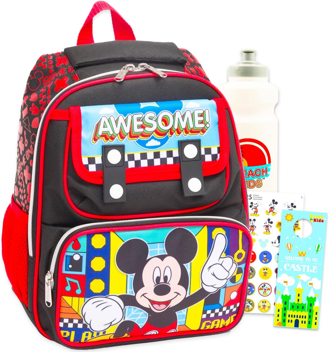 Disney Mickey Mouse Mini Backpack for Kids - Bundle with 12 Small Bag for Boys Plus Water Bottle, Stickers | Mickey Mouse Backpack Purse for Kids, Toddlers