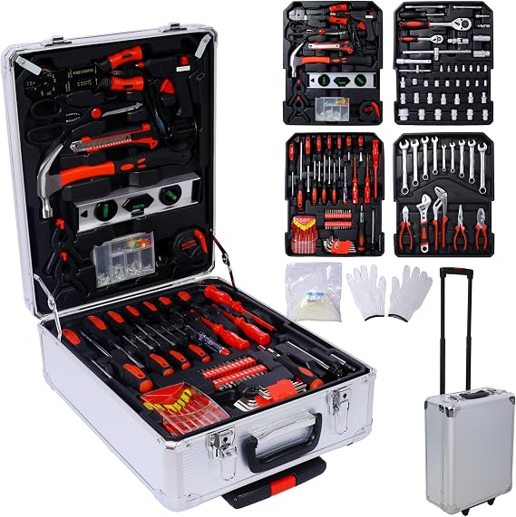 Campfun 899 Piece Tool Set Home Repair Tool Box Set, Toolbox Storage Case with 4 Tier Tool Set, Household Tool Kit with Rolling Tool Box, Hand Tool Set Basic Tool Set for Auto Repair, White