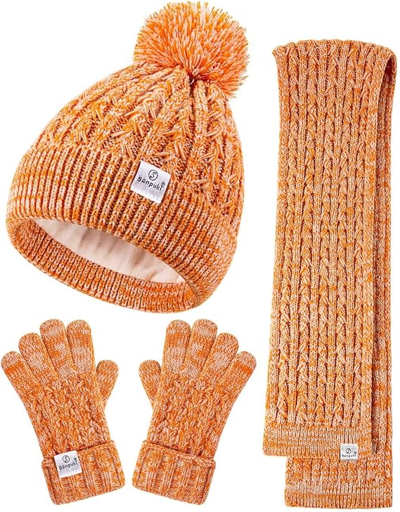 Kids Winter Hat Gloves Scarf Set,Girls Toddler Winter Hat Beanies with Pom Neck Warmer Gaiter Mittens Fleece Lined Set Christmas Gift for Kids(Orange Mix)