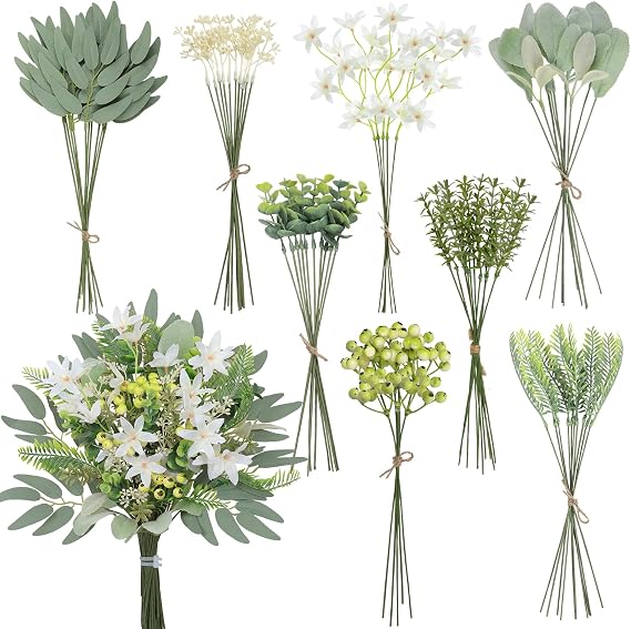 Weldomcor 70 Pcs Mixed Artificial Leaves, 8 Kinds Artificial Greenery Stems Leaves and Faux Flowers, Fake Plant Stems for Wedding Centerpiece Vase Bouquet Floral Arrangement Home Decor