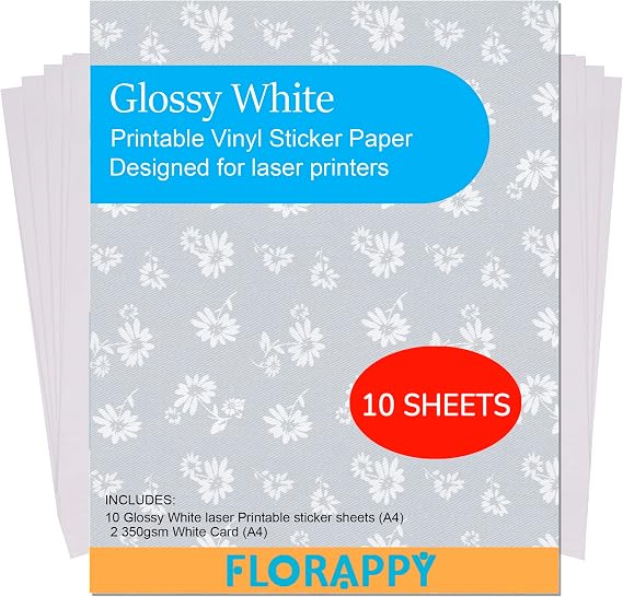 A4 Printable Vinyl Sticker Paper for Laser Printer Glossy White Waterproof Decal Paper Self-Adhesive Sheets 8.2"X11.6"