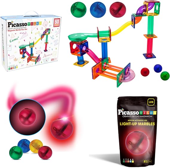 PicassoTiles 50PC Marble Run Race Track + 4PC LED Light-Up Glow in The Dark Translucent Balls: STEAM Educational Playset for Kids - Fun Learning Construction Toy, Creative Design, Sensory Development